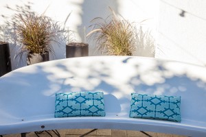 On the side patio off the kitchen, a trio of heated outdoor benches from Galanter and Jones, offers a warm spot for coffee on a chilly desert morning.